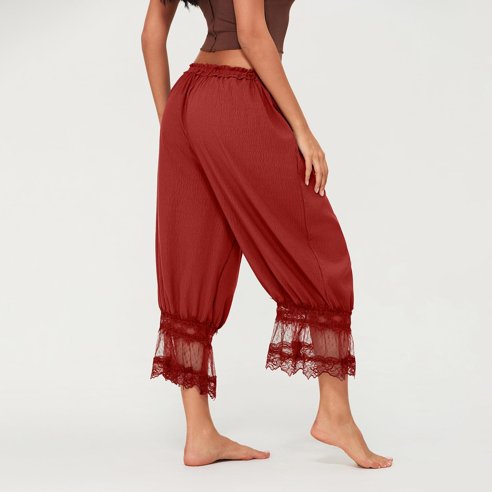 Women Lace Trim Long Bloomers Y2k Elastic Mid Rise Floral Ruffle Pantaloons Flared Slips Pants Pajama Bottoms