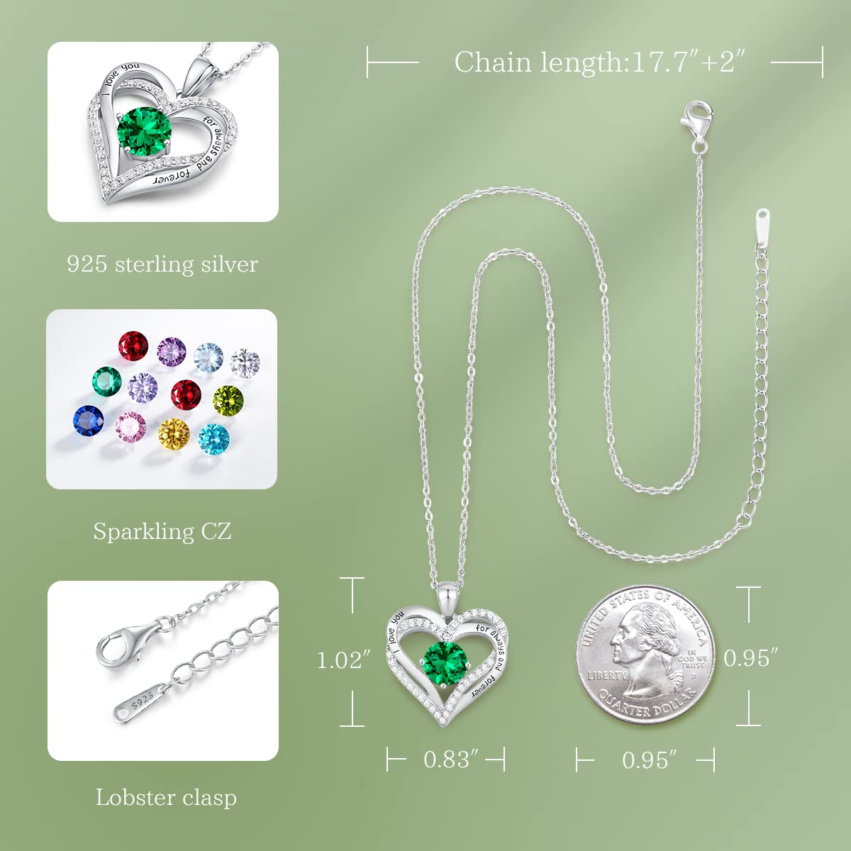 CDE Forever Love Heart Necklaces for Women, Wedding Anniversary, Valentine's，Birthday Mothers Christmas Day Gifts for Mom, Mother, Wife, S925 Silver Jewelry with Birthstone Pendant