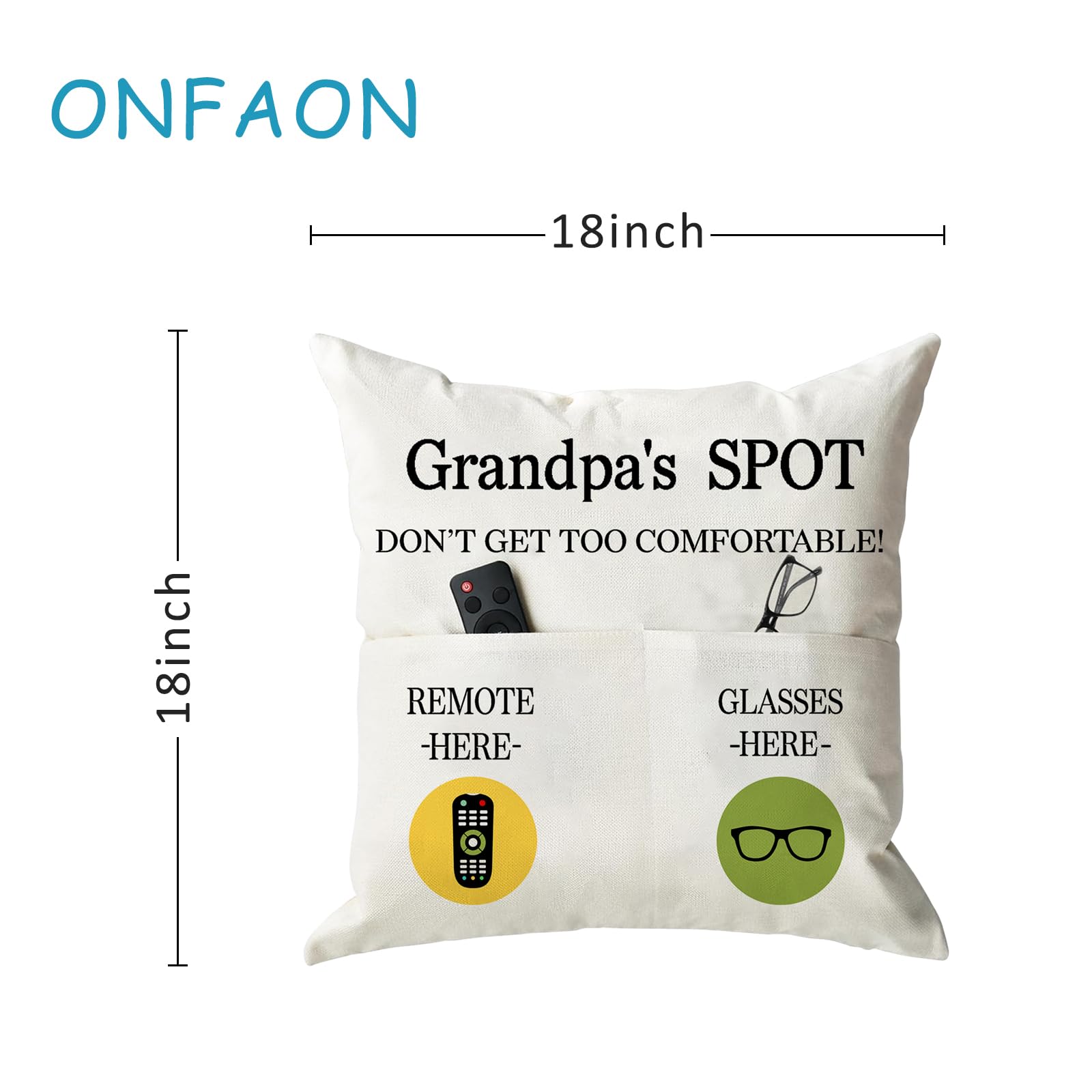 ONFAON Grandpa Gifts,Grandpa's Spot Throw Pillow Covers 18x18 Inch,Put Phone Glasses and Remote Control Pillowcase,Birthday Christmas Thanksgiving Day Gifts for Grandpa Stepdad,3-Pocket