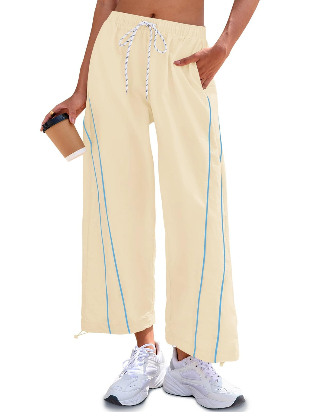 Fisoew Womens Baggy Wide Leg Pants Casual Elastic Waist Drawstring Hiking Workout Cropped Pants with Pockets
