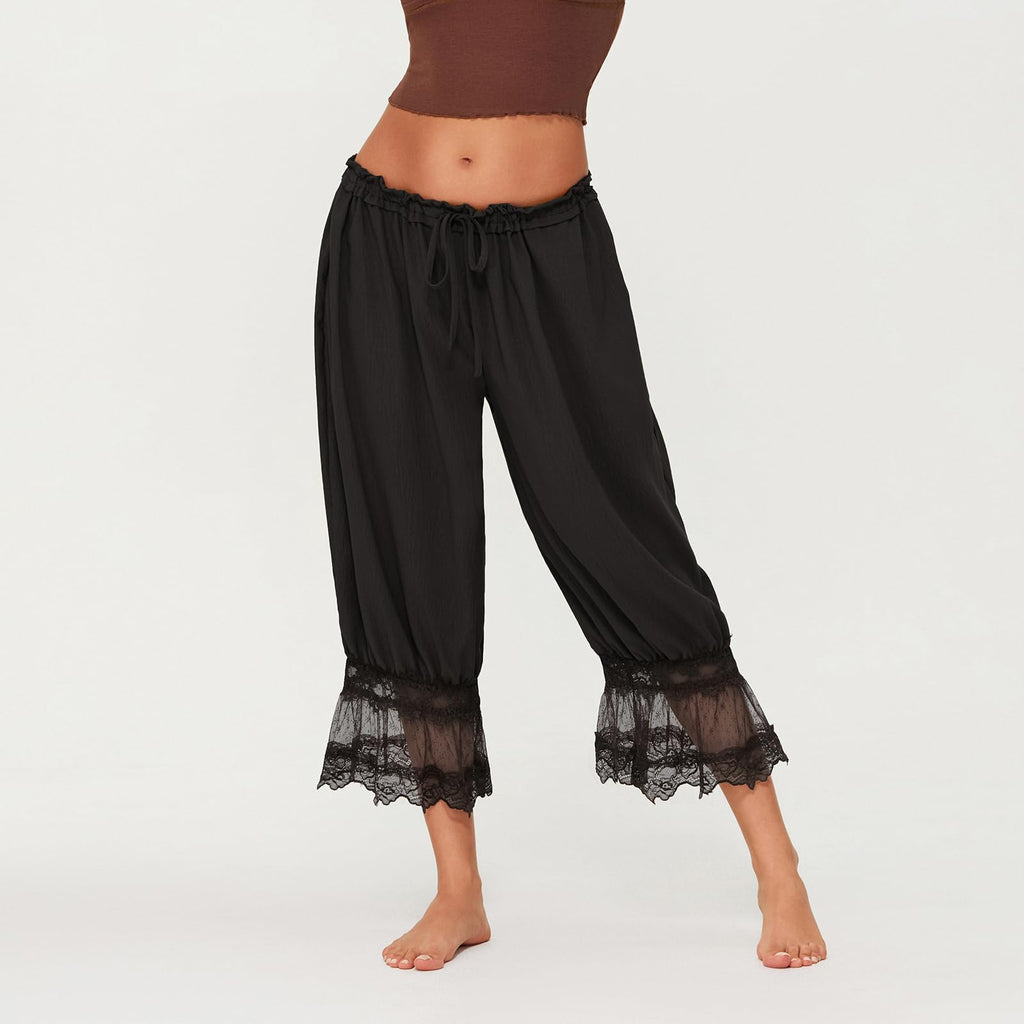 Women Lace Trim Long Bloomers Y2k Elastic Mid Rise Floral Ruffle Pantaloons Flared Slips Pants Pajama Bottoms