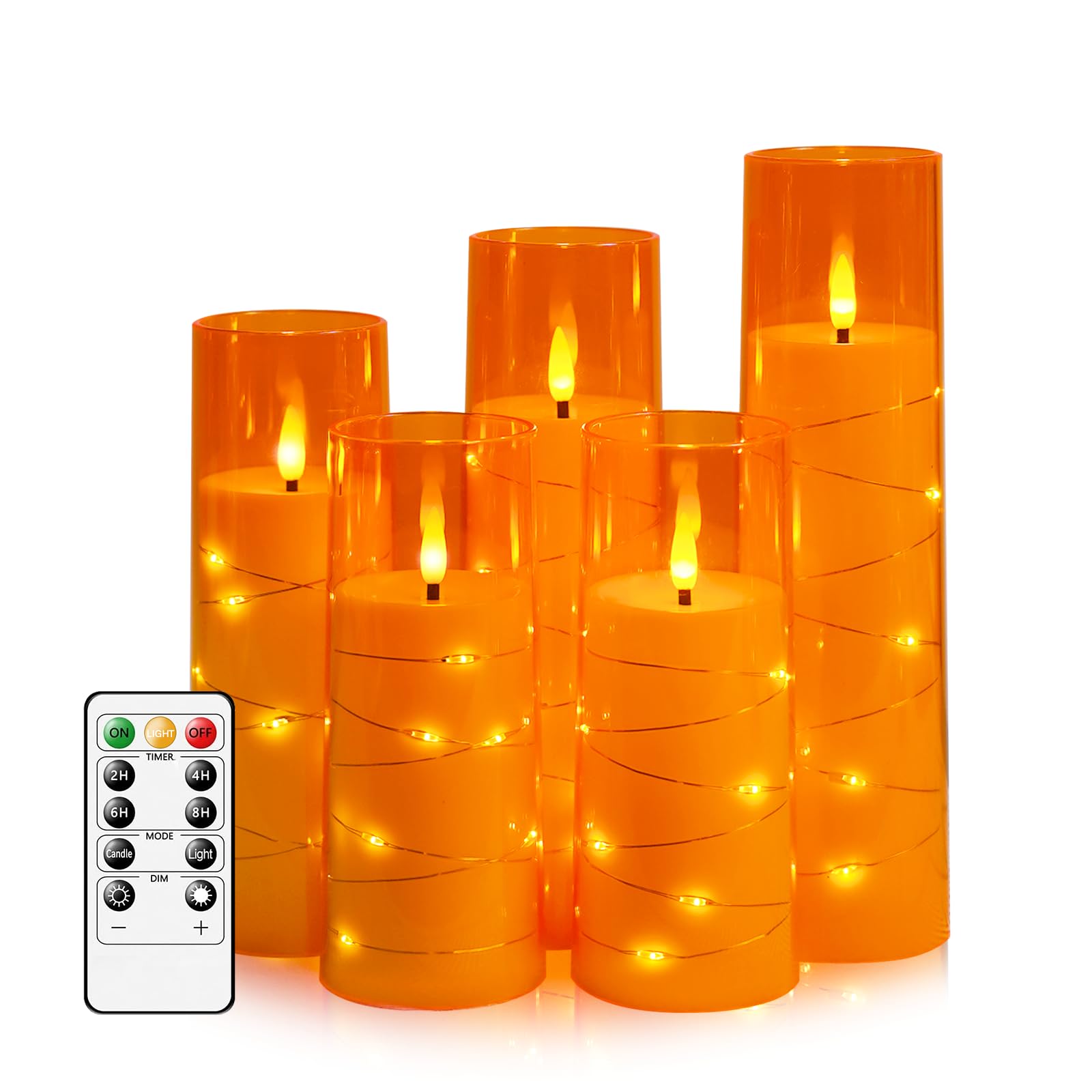 kakoya Flameless LED Candles with Timer 5 Pc Flickering Flameless Candles for Romantic Ambiance and Home Decoration Stable Acrylic Shell,with Embedded Star String，Battery Operated Candles（Red）