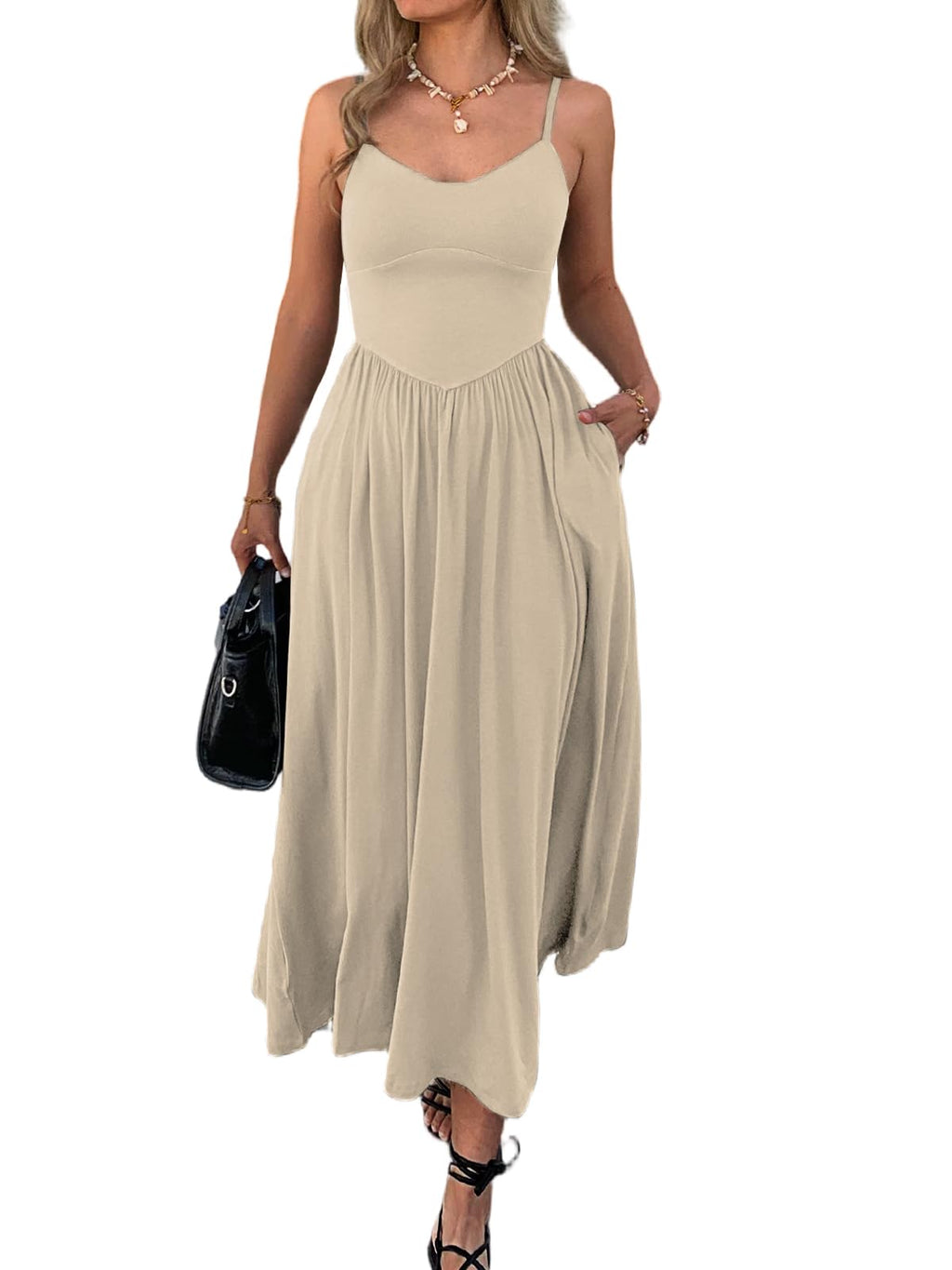 Womens Spaghetti Strap Maxi Dresses Summer Casual Sleeveless A Line Long Flowy Dress with Pockets Beach Sundresses