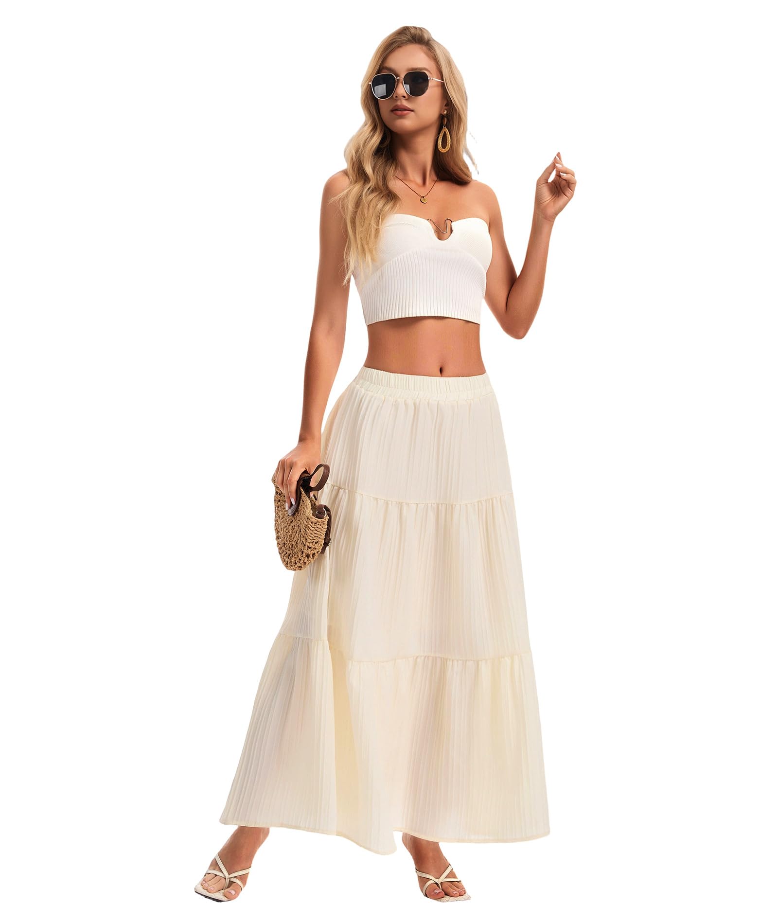 Womens Maxi Skirt Boho Long Flowy Skirts Trendy Summer 2026 Tiered Ruffle Skirt A Line Casual Beach Vacation Dress