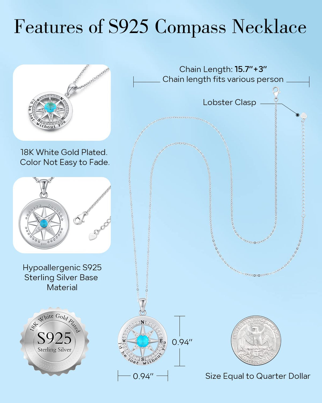 S925 Necklace Gift for Wife |Compass Jewelry |Women Anniversary |Sterling Silver |Girlfriend Birthday Gifts for Her Valentines |I'd be Lost without You |Jewel 18K Gold