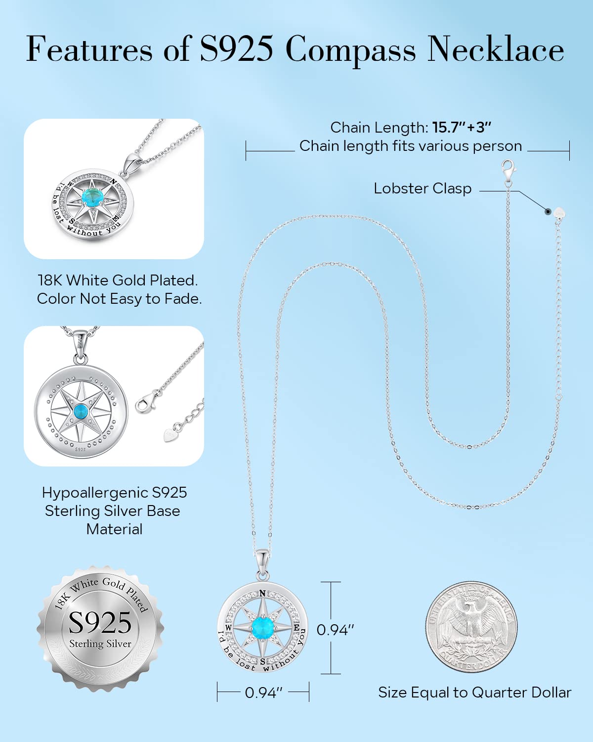 S925 Necklace Gift for Wife |Compass Jewelry |Women Anniversary |Sterling Silver |Girlfriend Birthday Gifts for Her Valentines |I'd be Lost without You |Jewel 18K Gold