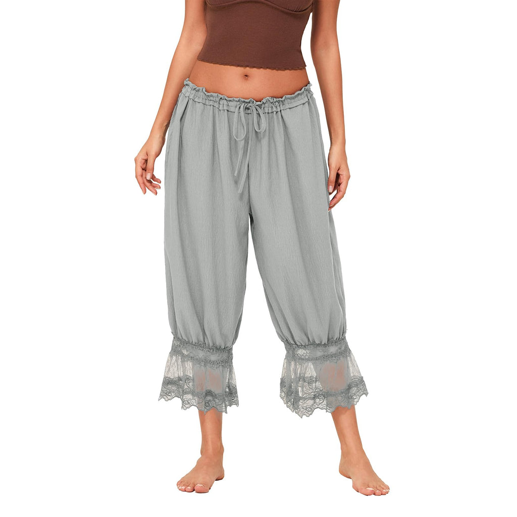 Women Lace Trim Long Bloomers Y2k Elastic Mid Rise Floral Ruffle Pantaloons Flared Slips Pants Pajama Bottoms