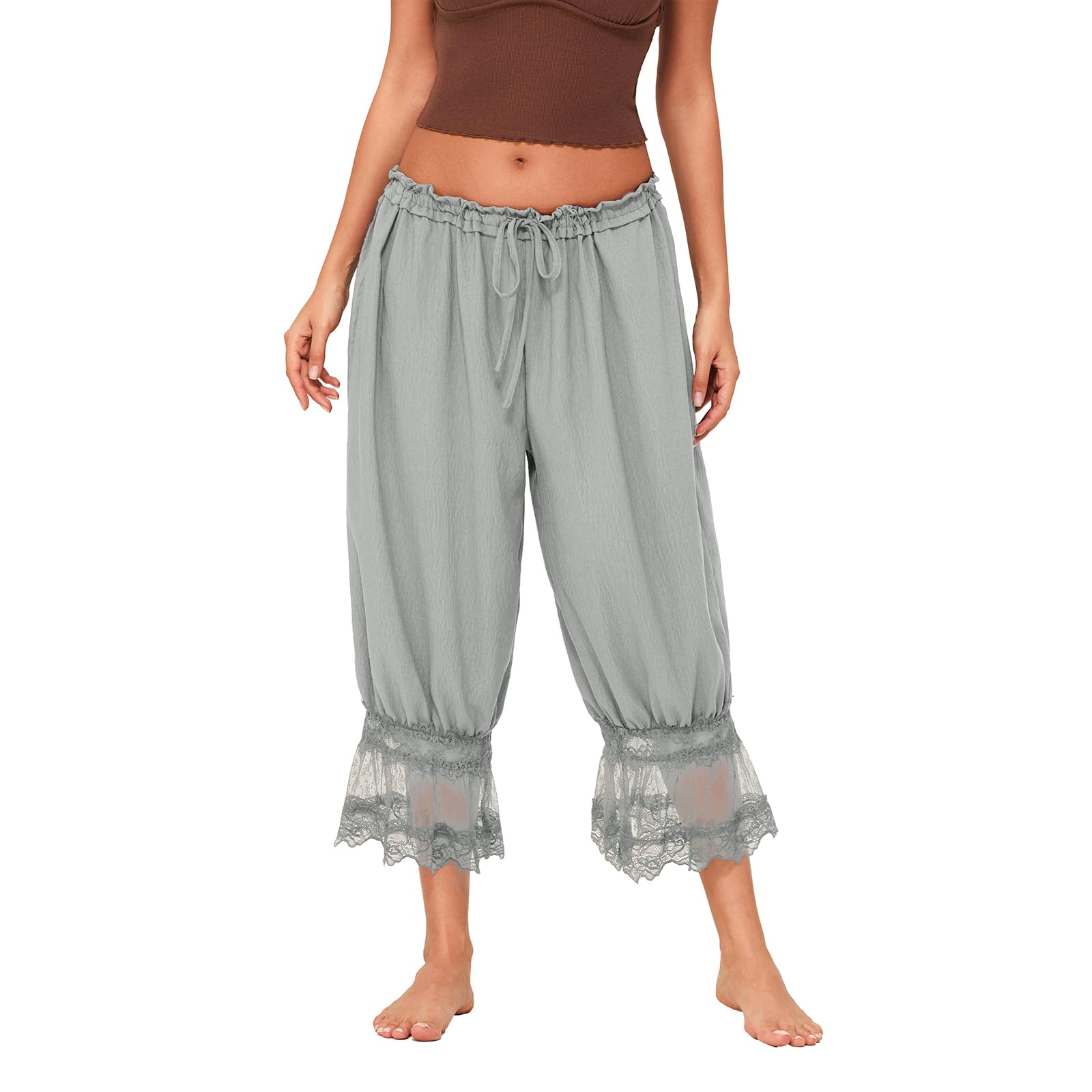 Women Lace Trim Long Bloomers Y2k Elastic Mid Rise Floral Ruffle Pantaloons Flared Slips Pants Pajama Bottoms