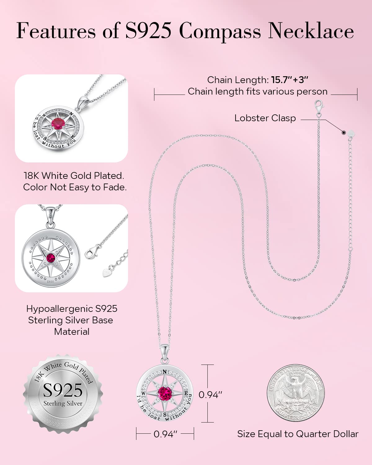 S925 Necklace Gift for Wife |Compass Jewelry |Women Anniversary |Sterling Silver |Girlfriend Birthday Gifts for Her Valentines |I'd be Lost without You |Jewel 18K Gold