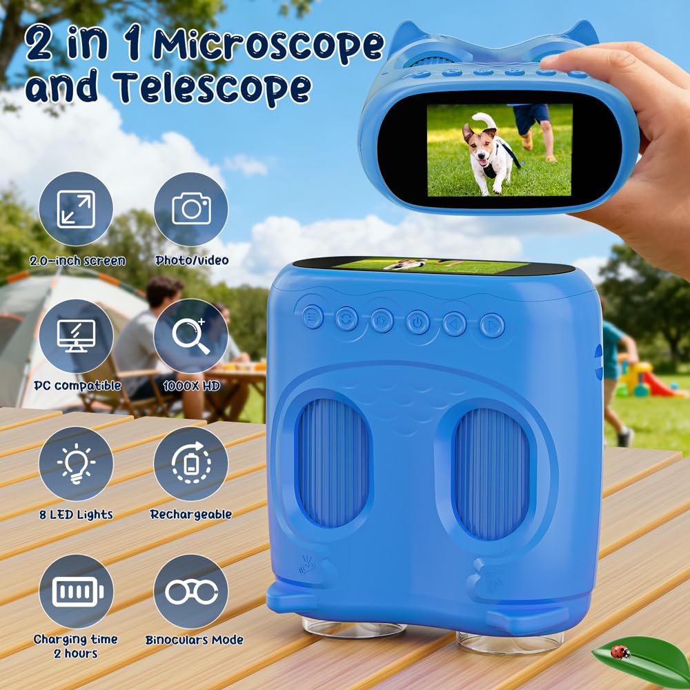 2-in-1 Kids Microscope Telescope, Temodu 2.0" 1000X Digital Microscope for Kids, HD Portable Education Telescope for Kids Birthday Festival Gift, Science Fun Toys for Children Age 4-12 (Yellow)