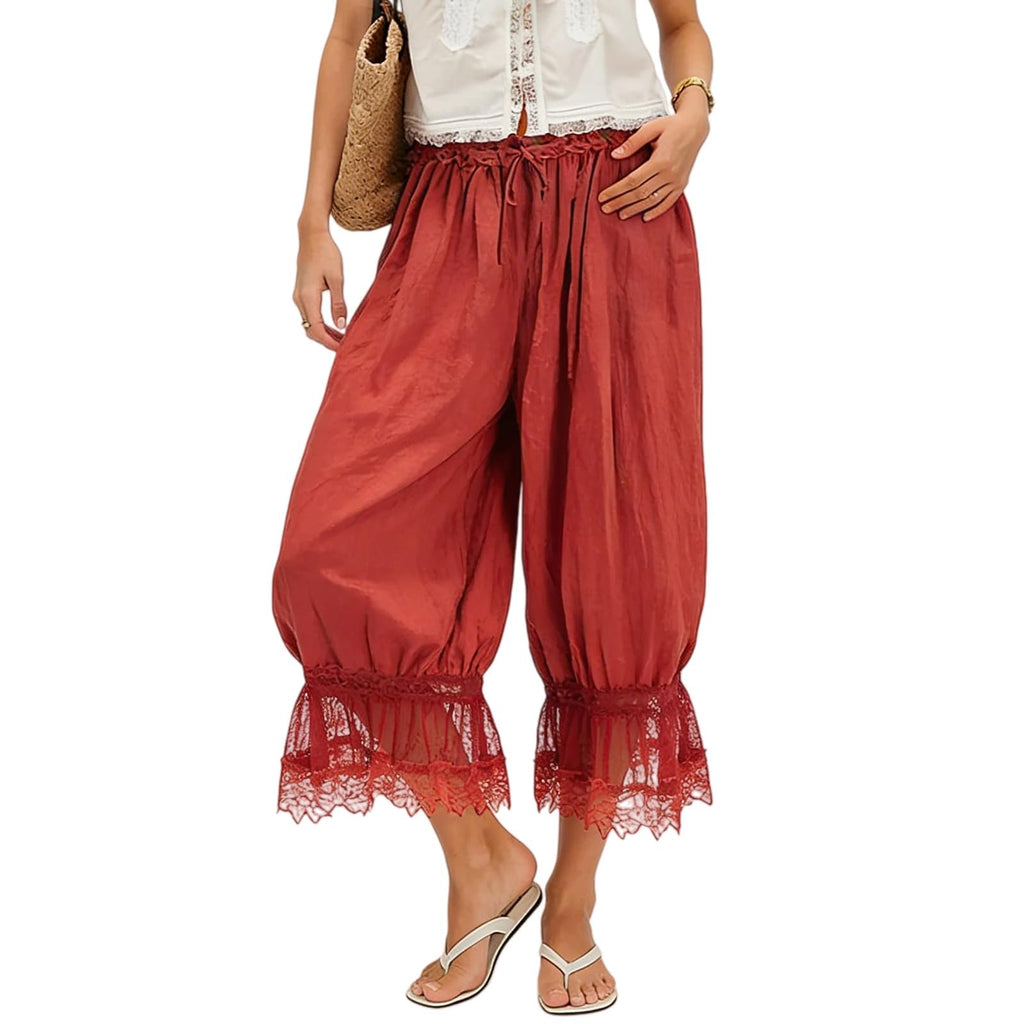 Women Bloomers Pants Y2K Flare Lace Trim Vintage Pantaloons Cute Ruffled Pumpkin Pants Capri Pajama Bottoms