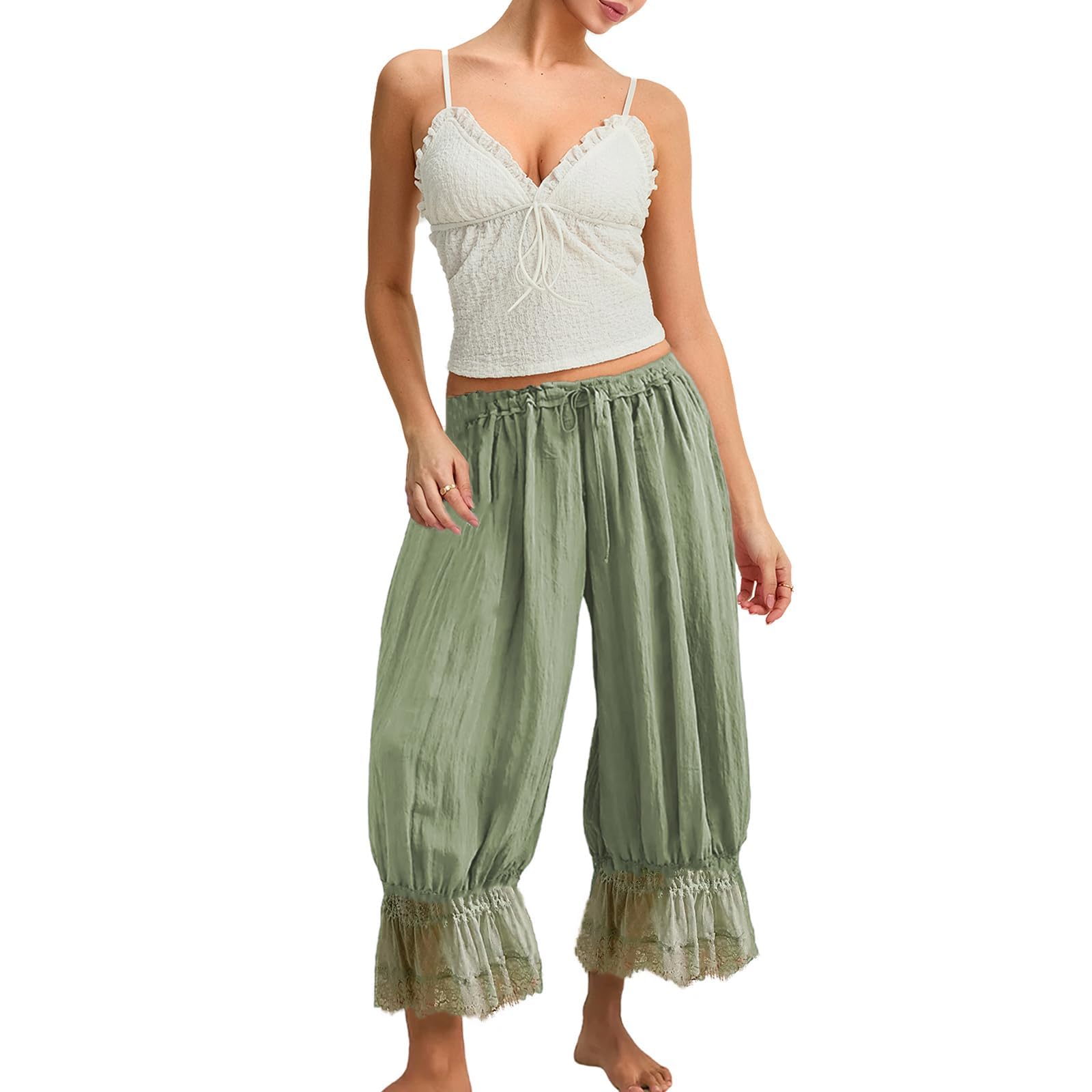 Women Bloomers Pants Y2K Flare Lace Trim Vintage Pantaloons Cute Ruffled Pumpkin Pants Capri Pajama Bottoms