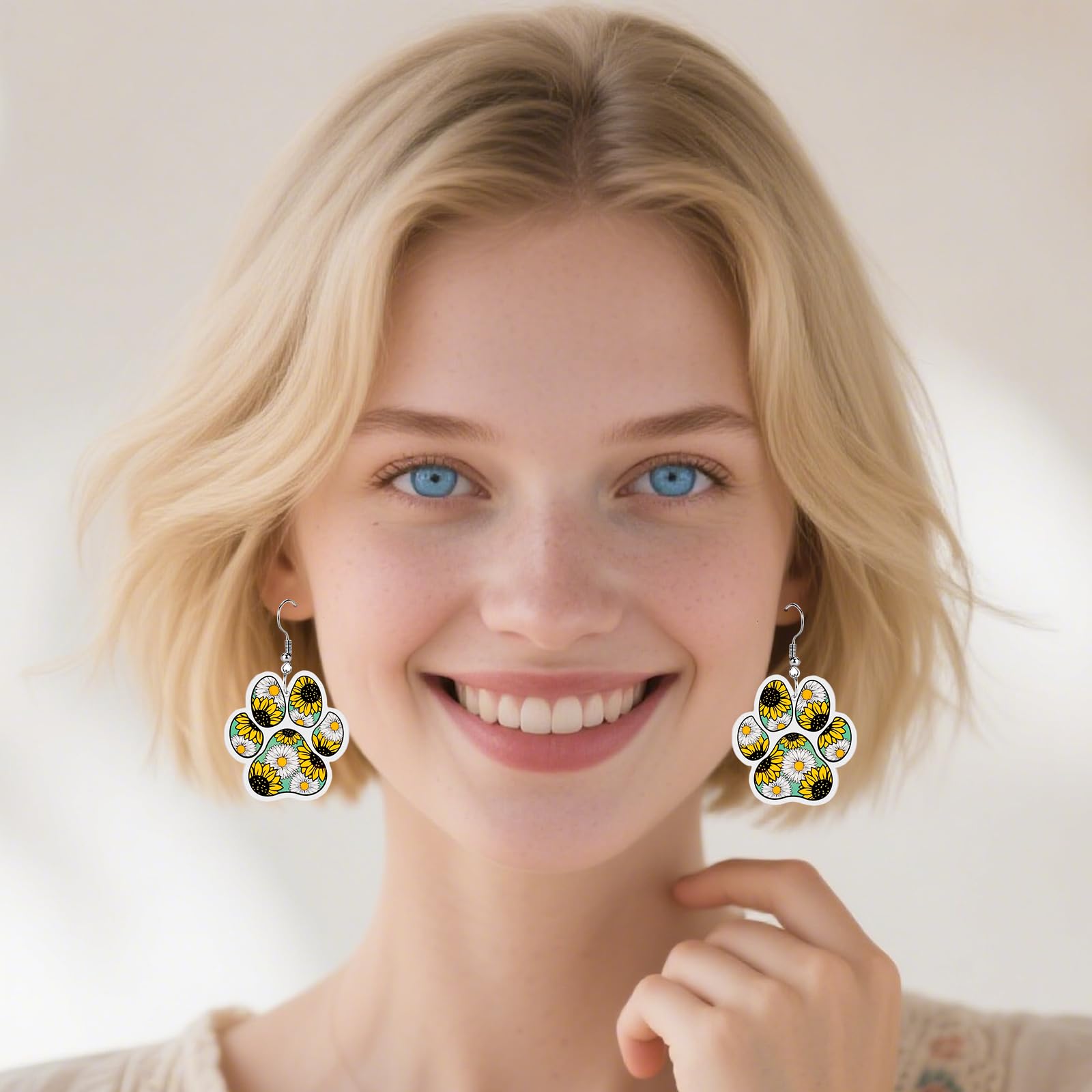 Funny Dog Sunflower Paw Print Earrings for Women - Unique & Quirky Funky Acrylic Dangle Earrings, Cute & Silly Novelty Design, Wacky & Crazy Earrings for Fun Lovers