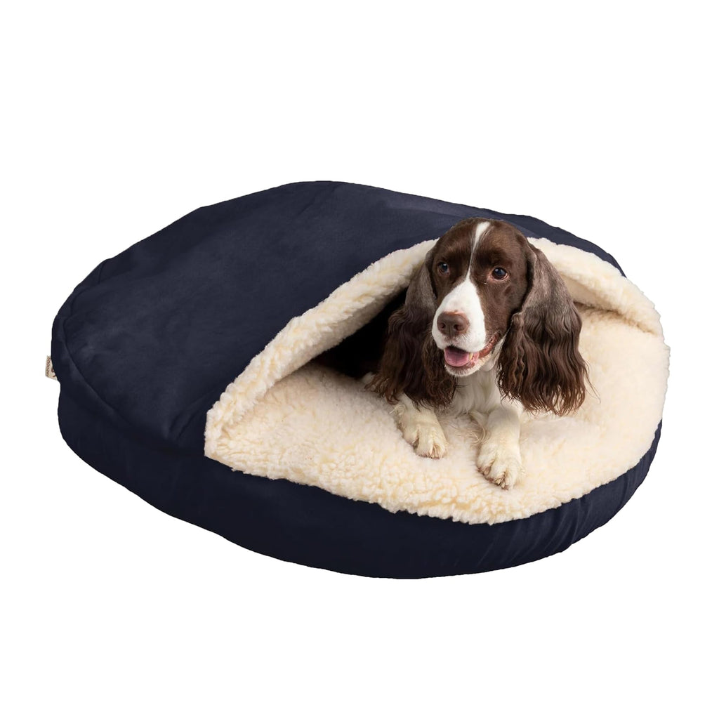 Snoozer Cozy Cave Dog Bed - Indoor Dog Bed with Cover Cave, Covered Calming Burrow for Small Sized Pets with Blanket Attached, Enclosed, Removable Washable Cover - Small, Navy