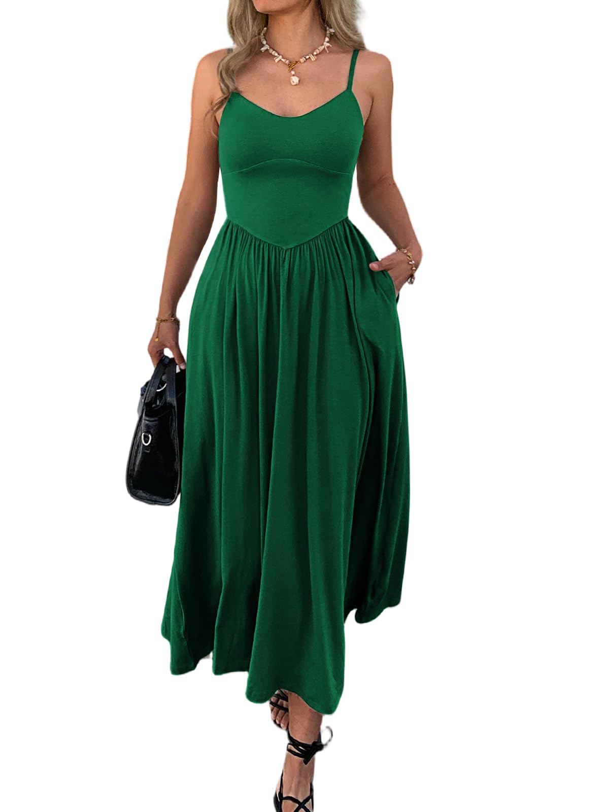 Womens Spaghetti Strap Maxi Dresses Summer Casual Sleeveless A Line Long Flowy Dress with Pockets Beach Sundresses