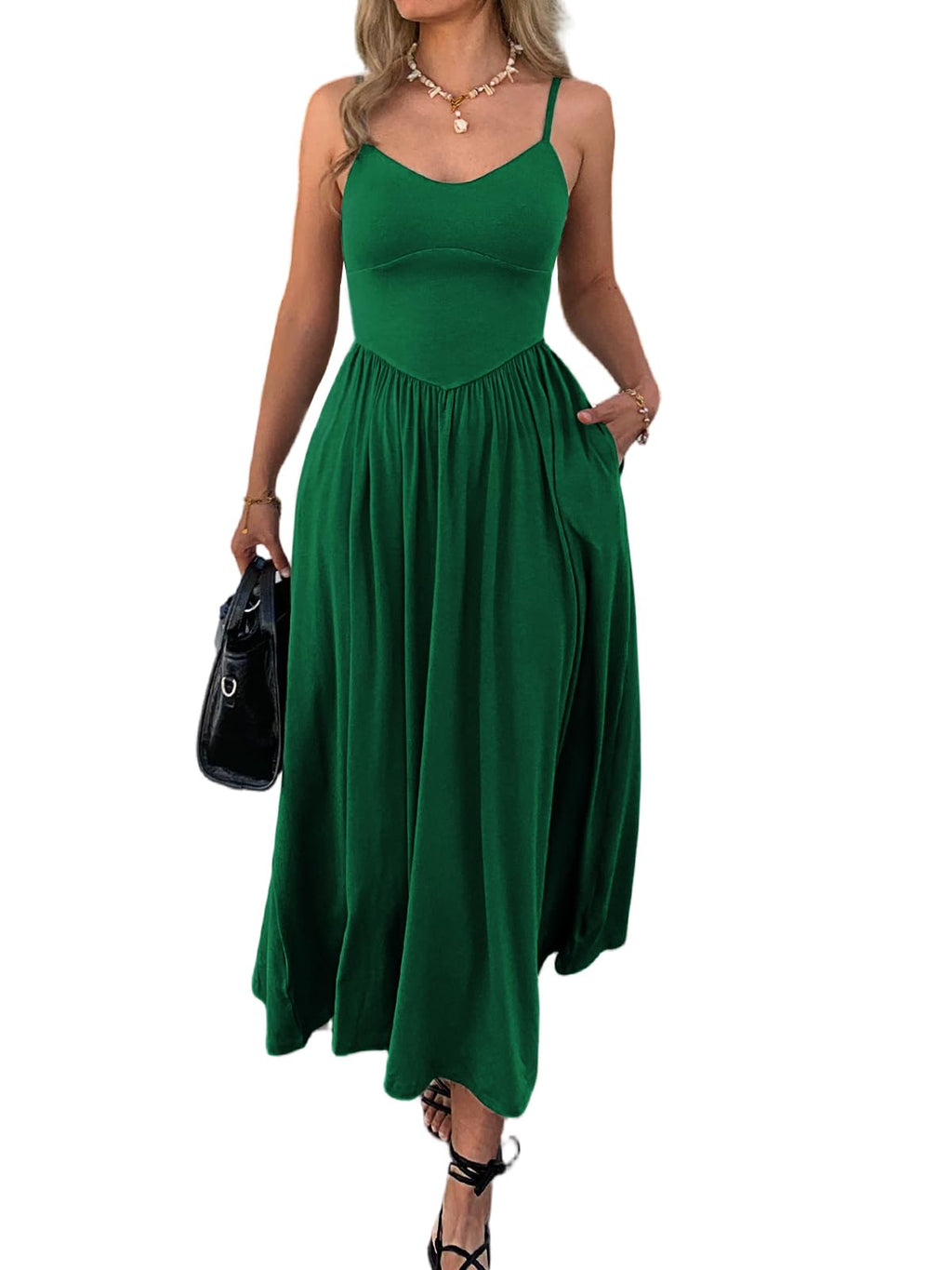 Womens Spaghetti Strap Maxi Dresses Summer Casual Sleeveless A Line Long Flowy Dress with Pockets Beach Sundresses