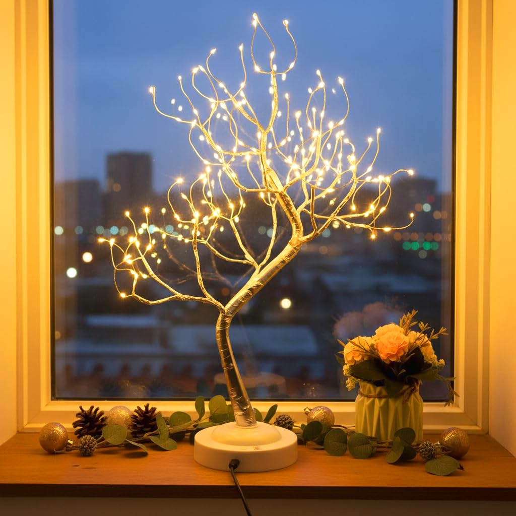 FuChsun Tabletop Bonsai Tree Light 108 LED Fairy Artificial Tree Lamp fot Room Party Home Centerpieces Decoration, Battery/USB Operated (Galaxy Glow Silver Branch)