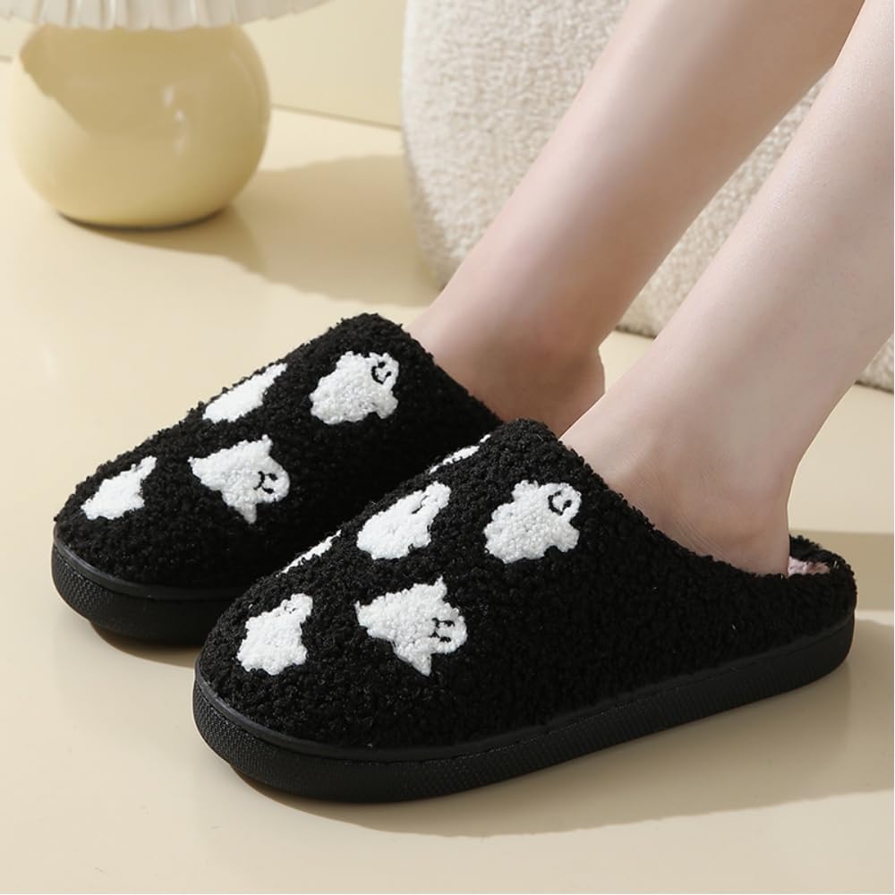 Halloween Slippers for Women Retro Soft Cozy Comfy Plush Lightweight Slip-on Indoor Outdoor Anti-Skid Sole Christmas House Shoes