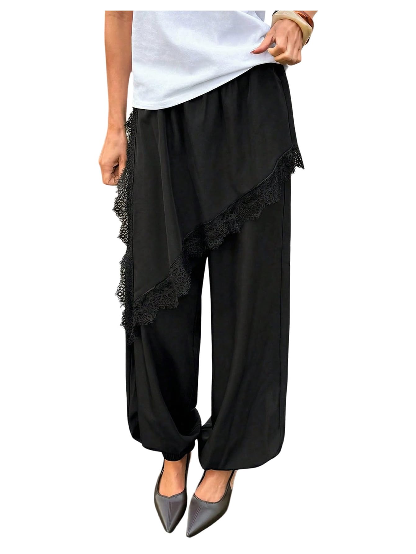 GORGLITTER Women's Satin Skirt Pants Lace Trim High Waisted Asymmetrical Hem Balloon Pants