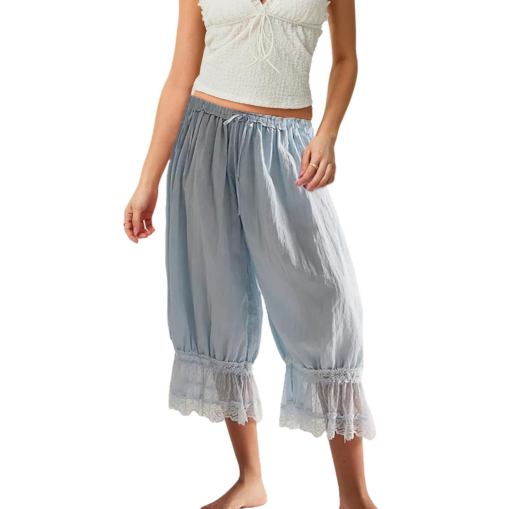 Women Bloomers Pants Y2K Flare Lace Trim Vintage Pantaloons Cute Ruffled Pumpkin Pants Capri Pajama Bottoms
