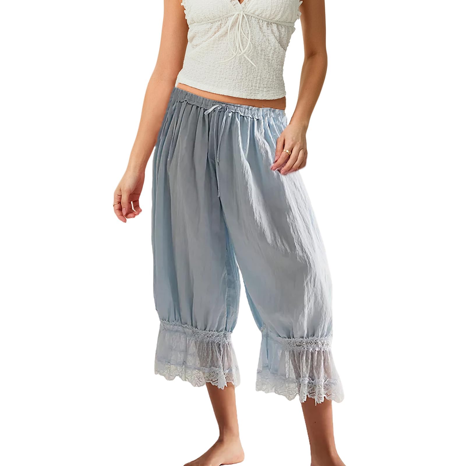 Women Bloomers Pants Y2K Flare Lace Trim Vintage Pantaloons Cute Ruffled Pumpkin Pants Capri Pajama Bottoms
