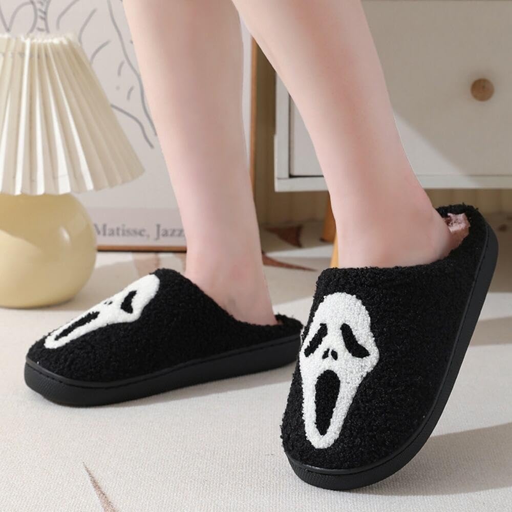 Halloween Slippers for Women Retro Soft Cozy Comfy Plush Lightweight Slip-on Indoor Outdoor Anti-Skid Sole Christmas House Shoes