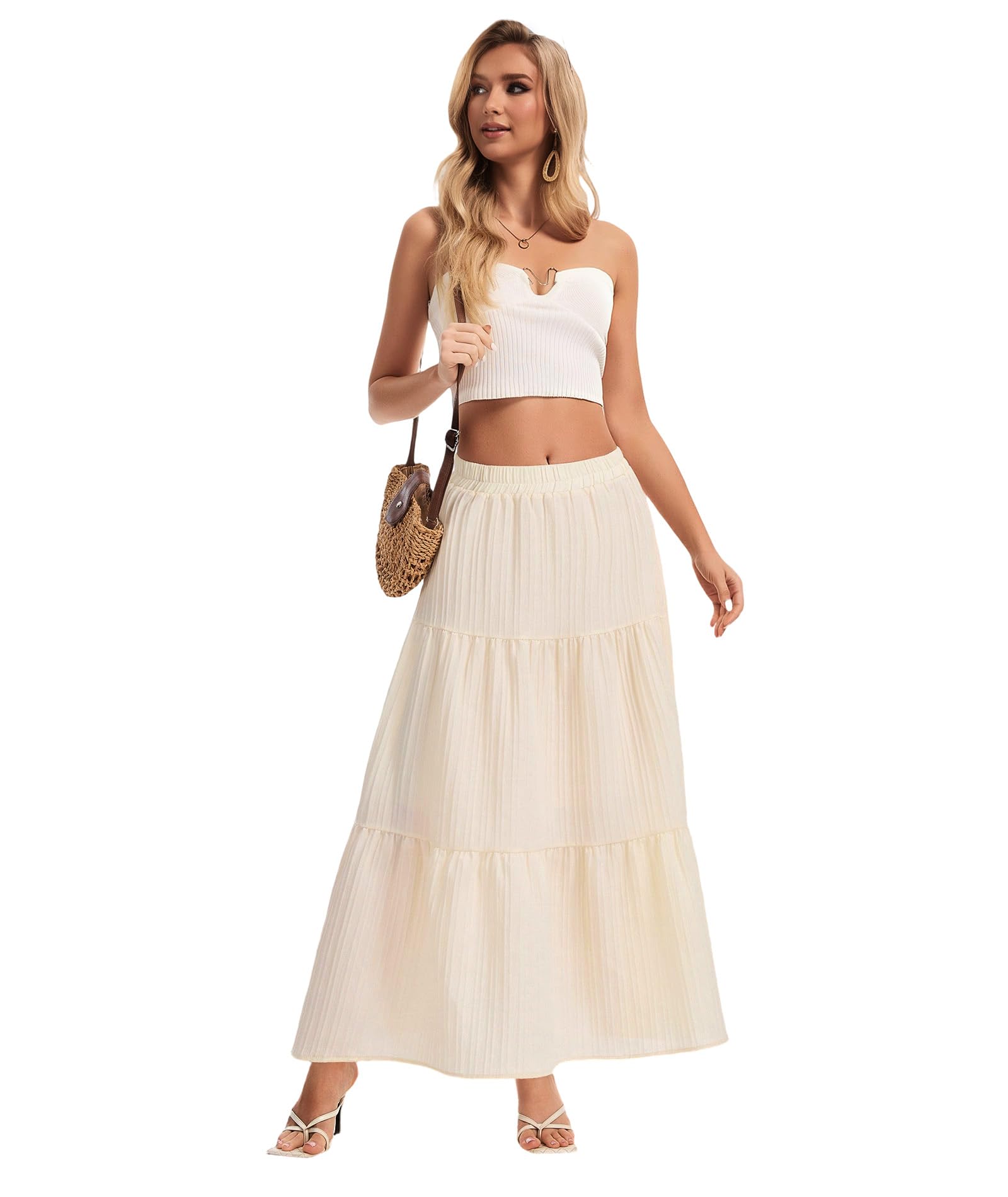 Womens Maxi Skirt Boho Long Flowy Skirts Trendy Summer 2026 Tiered Ruffle Skirt A Line Casual Beach Vacation Dress