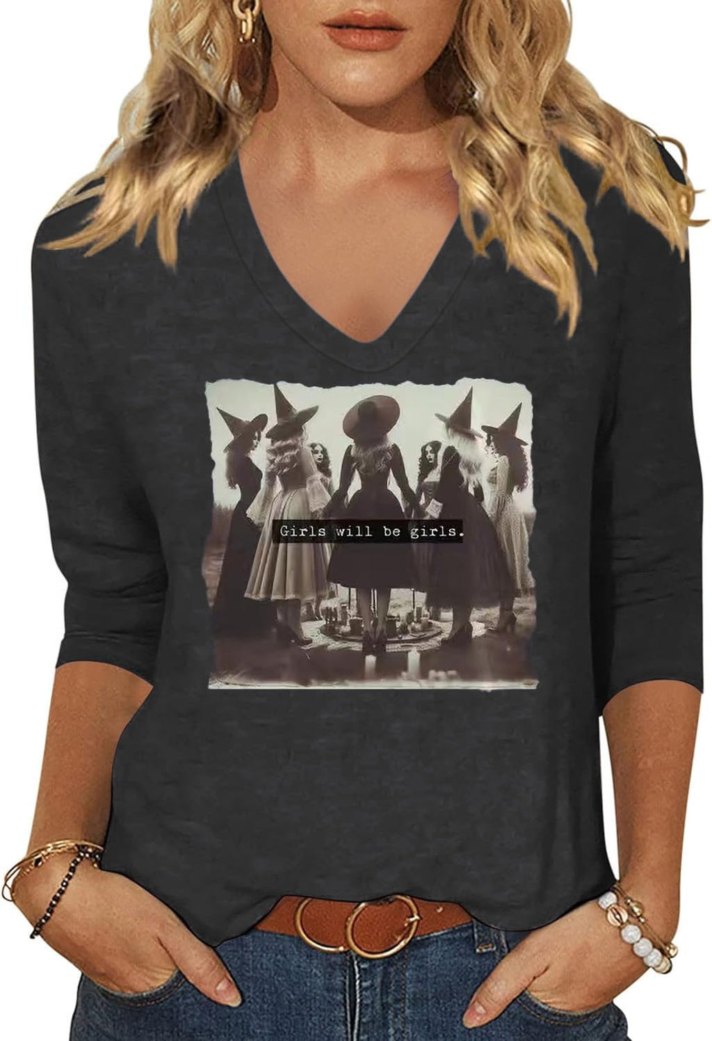 Women's Fall Halloween V Neck Shirt, Hocus Focus Graphic Tee | 3/4 Sleeve, Vintage, Funny Family Party Matching,Casual Holiday Tops,Spooky Season Tee