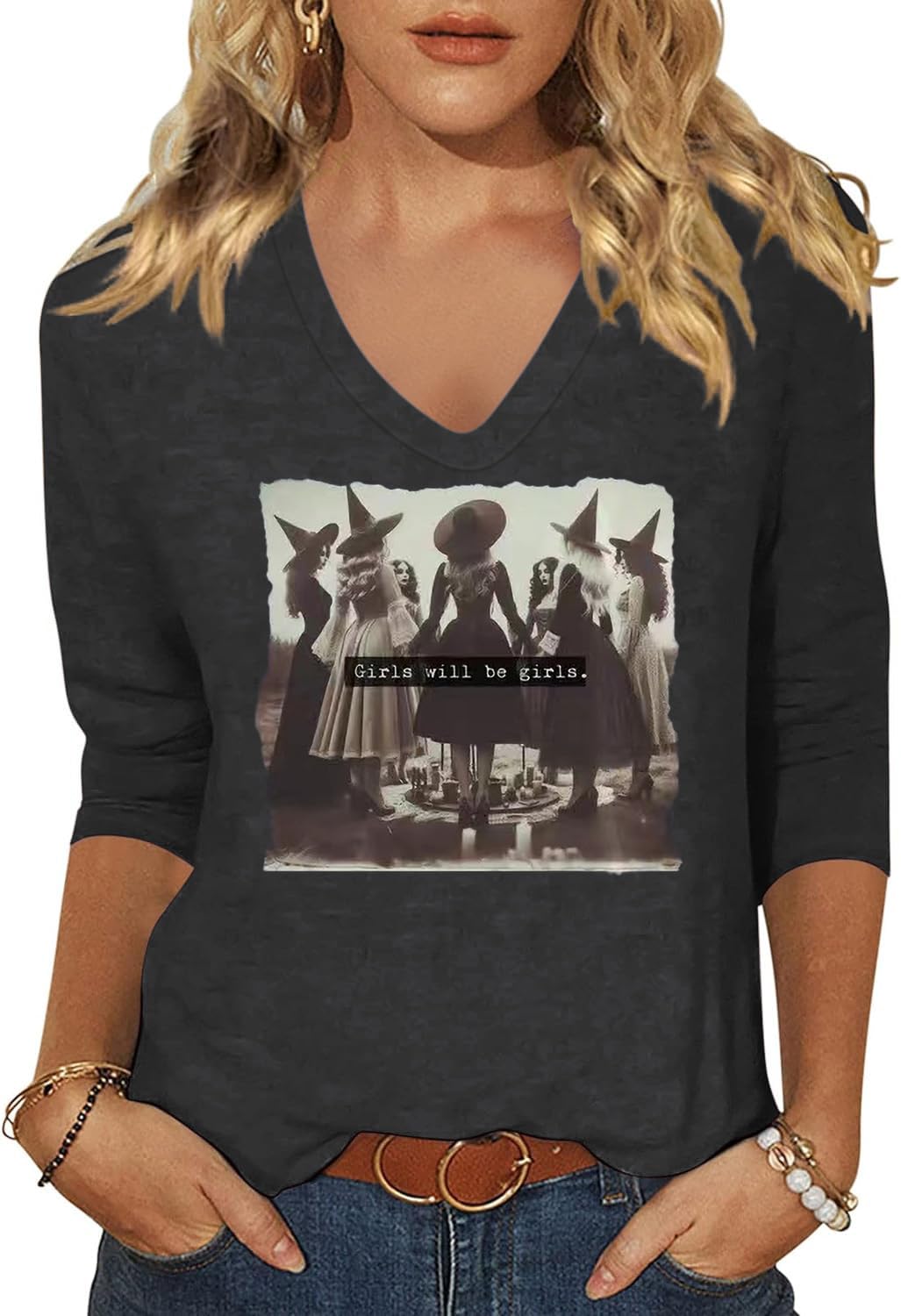 Women's Fall Halloween V Neck Shirt, Hocus Focus Graphic Tee | 3/4 Sleeve, Vintage, Funny Family Party Matching,Casual Holiday Tops,Spooky Season Tee