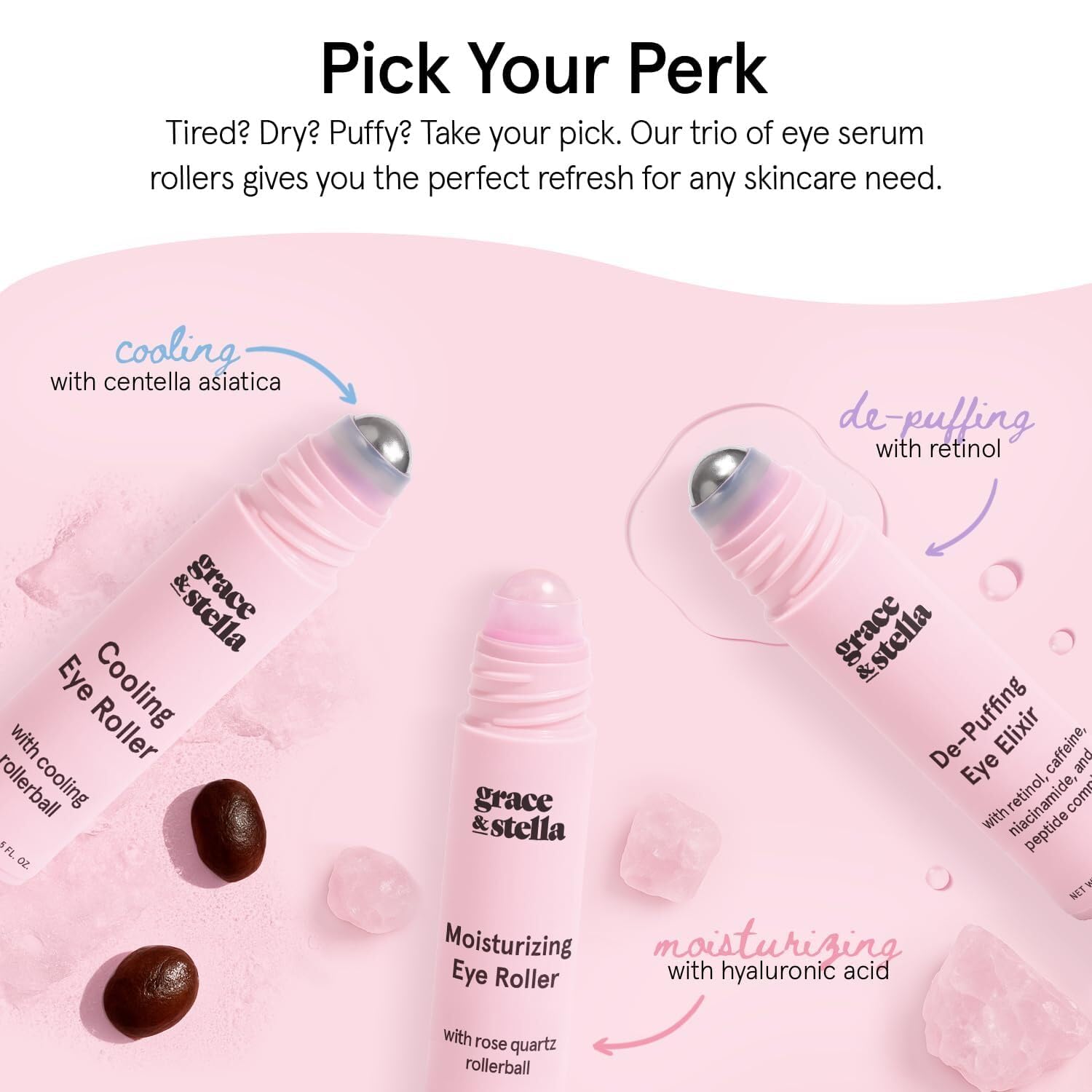 grace & stella Under Eye Brightener Roller - Airplane Travel Essentials - Travel Size Toiletries - Retinol & Caffeine Eye Serum for Puffiness, Dark Circles, Wrinkles - Vegan Skincare (15ml / 0.51floz)