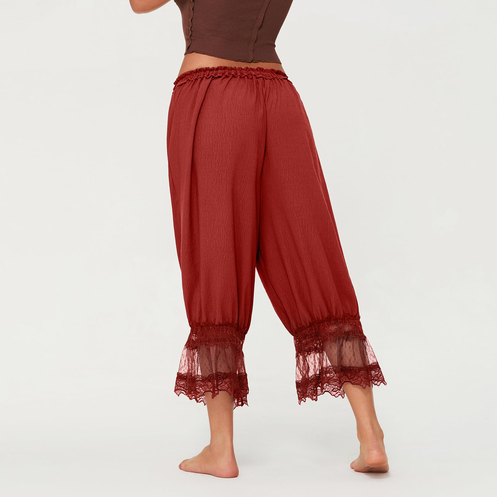 Women Lace Trim Long Bloomers Y2k Elastic Mid Rise Floral Ruffle Pantaloons Flared Slips Pants Pajama Bottoms