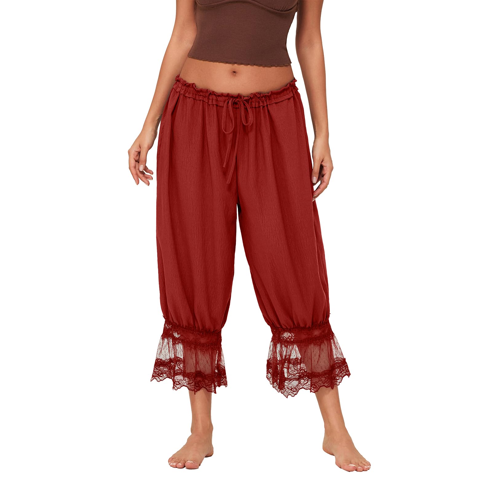 Women Lace Trim Long Bloomers Y2k Elastic Mid Rise Floral Ruffle Pantaloons Flared Slips Pants Pajama Bottoms