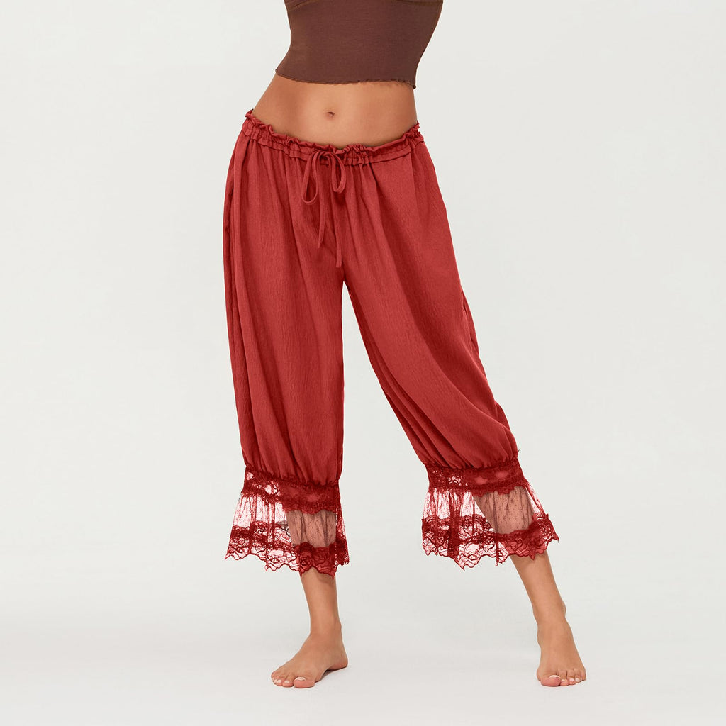 Women Lace Trim Long Bloomers Y2k Elastic Mid Rise Floral Ruffle Pantaloons Flared Slips Pants Pajama Bottoms