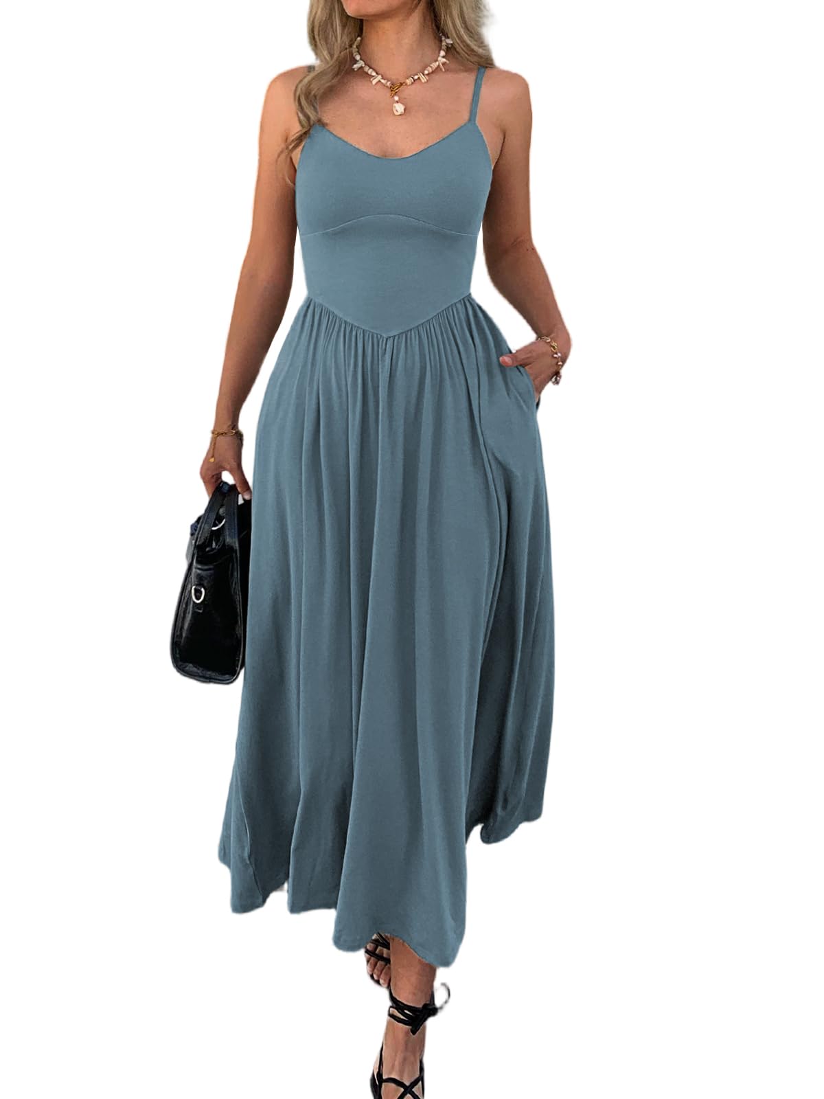 Womens Spaghetti Strap Maxi Dresses Summer Casual Sleeveless A Line Long Flowy Dress with Pockets Beach Sundresses