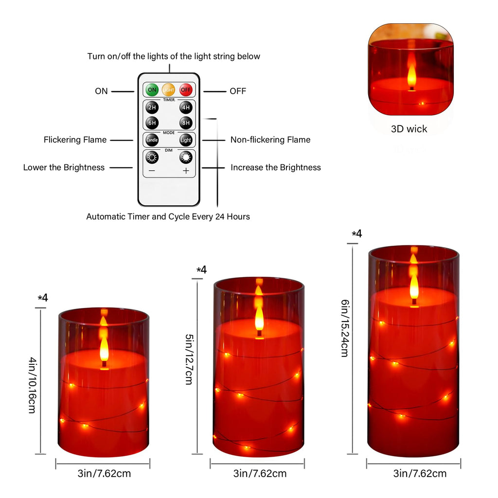 kakoya Flameless LED Candles with Timer 5 Pc Flickering Flameless Candles for Romantic Ambiance and Home Decoration Stable Acrylic Shell,with Embedded Star String，Battery Operated Candles（Red）