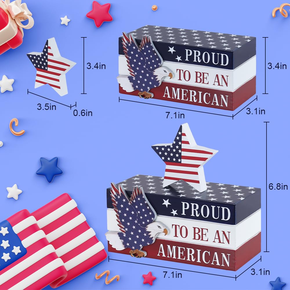 DECSPAS 4th of July Decorations, Memorial Day Decorations, Wooden Stacked Books Sign with Stars, Patriotic Independence Day American Eagle Decor for The Home, Fourth of July, Tiered Tray Table Mantel