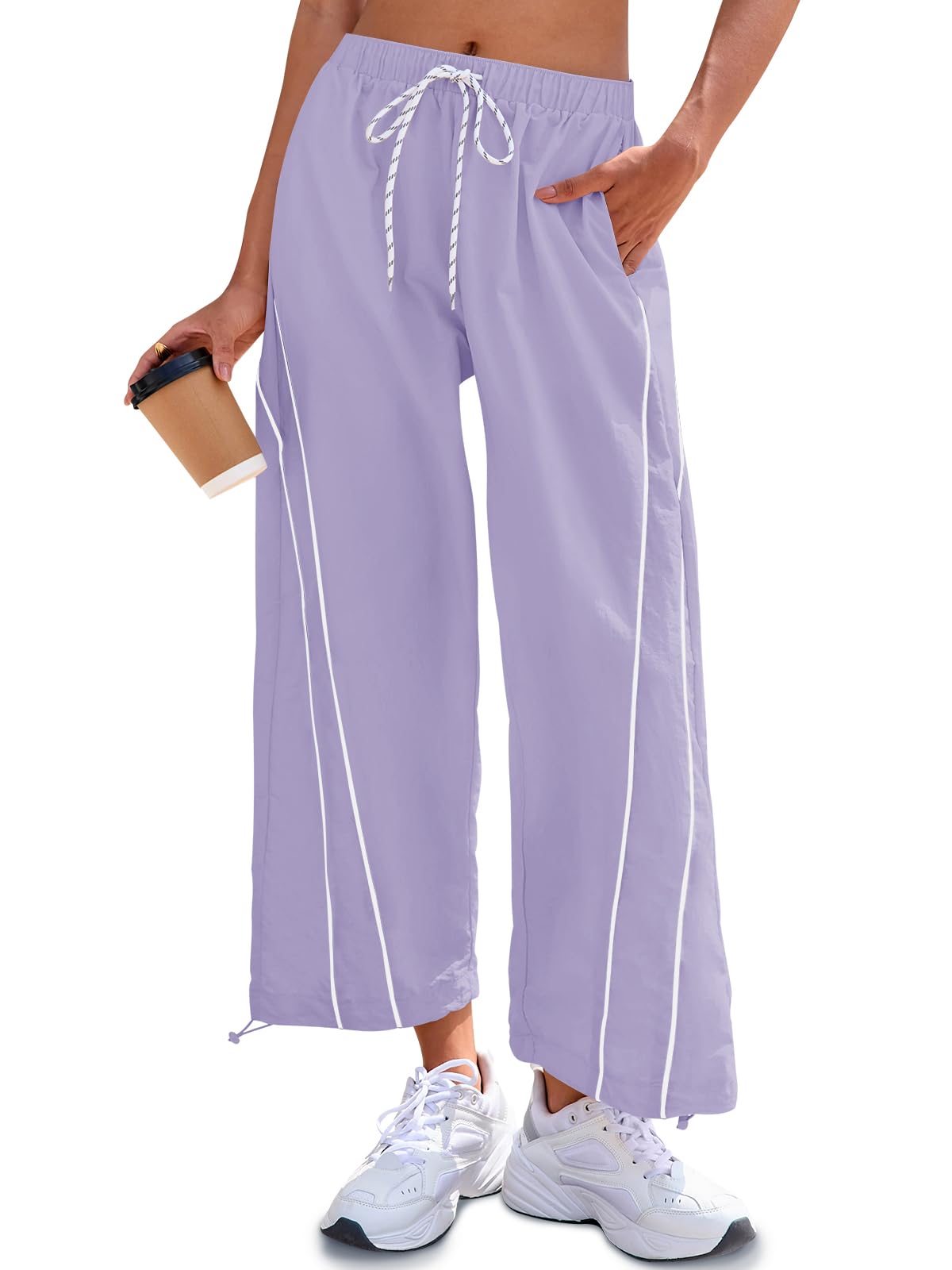 Fisoew Womens Baggy Wide Leg Pants Casual Elastic Waist Drawstring Hiking Workout Cropped Pants with Pockets