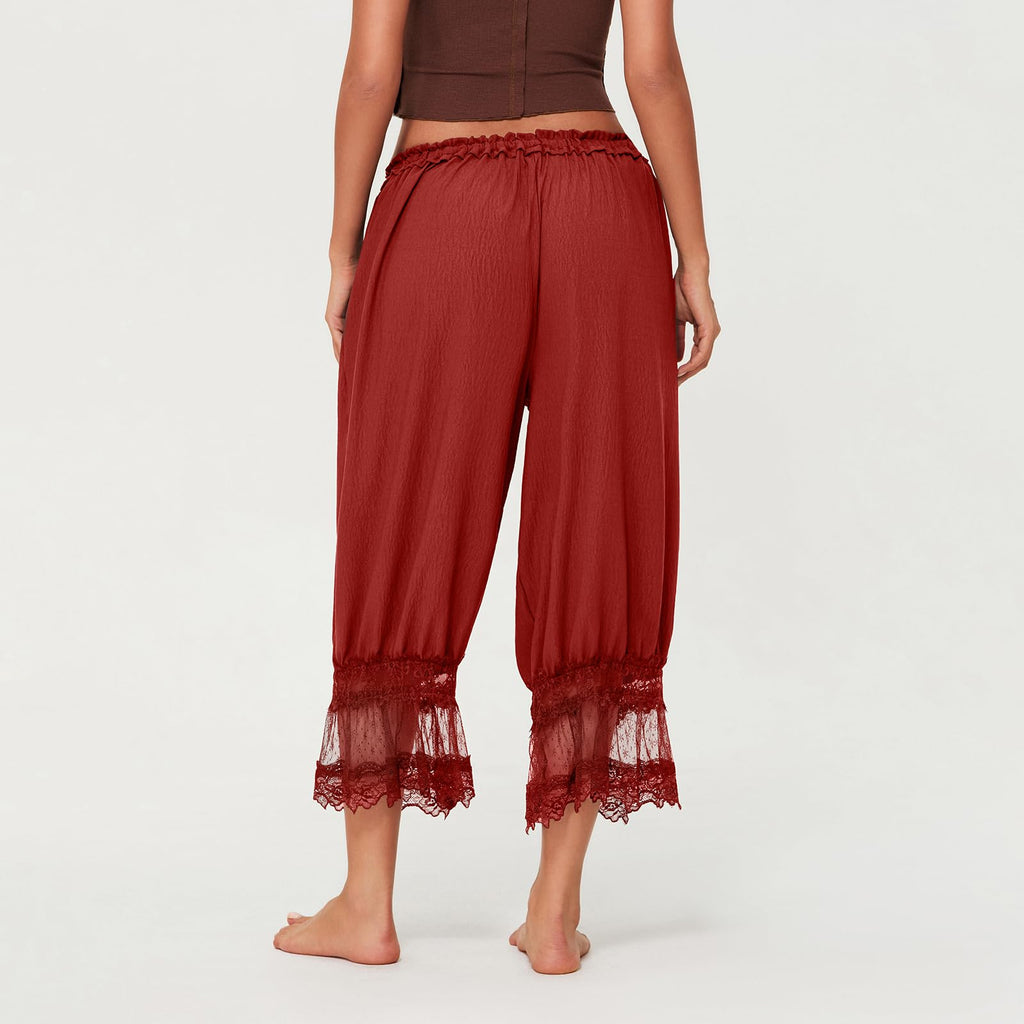 Women Lace Trim Long Bloomers Y2k Elastic Mid Rise Floral Ruffle Pantaloons Flared Slips Pants Pajama Bottoms