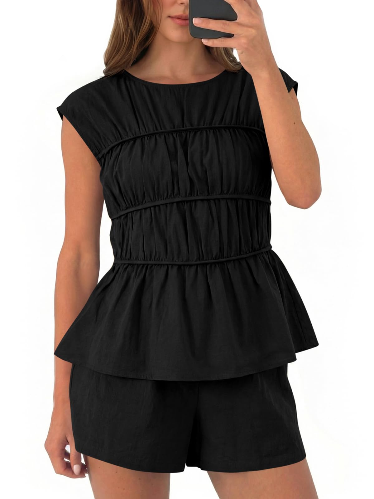 Tankaneo Womens Summer Smocked 2 Piece Short Sets Cap Sleeve Babydoll Peplum Blouse Casual Matching Set Vacation Outfits