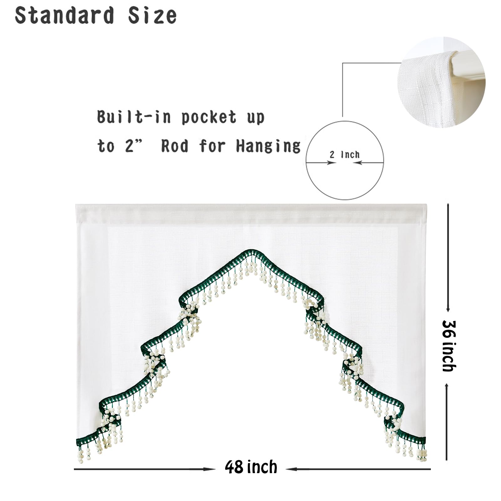 Estmy Boho Cute Christmas Tree Kitchen Curtain, White and Green, 47'W x 36'L, 1PCS