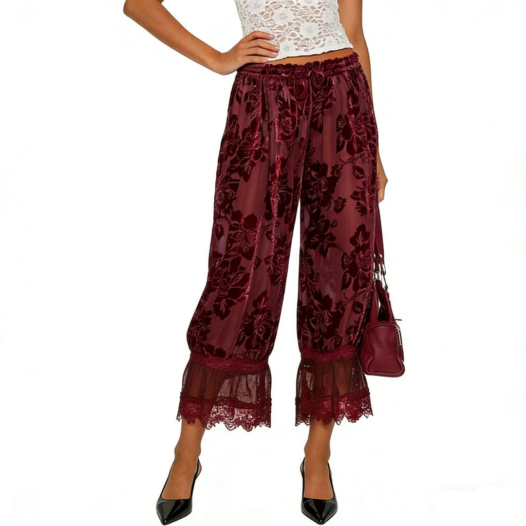 Women Lace Trim Long Bloomers Y2k Elastic Mid Rise Floral Ruffle Pantaloons Flared Slips Pants Pajama Bottoms