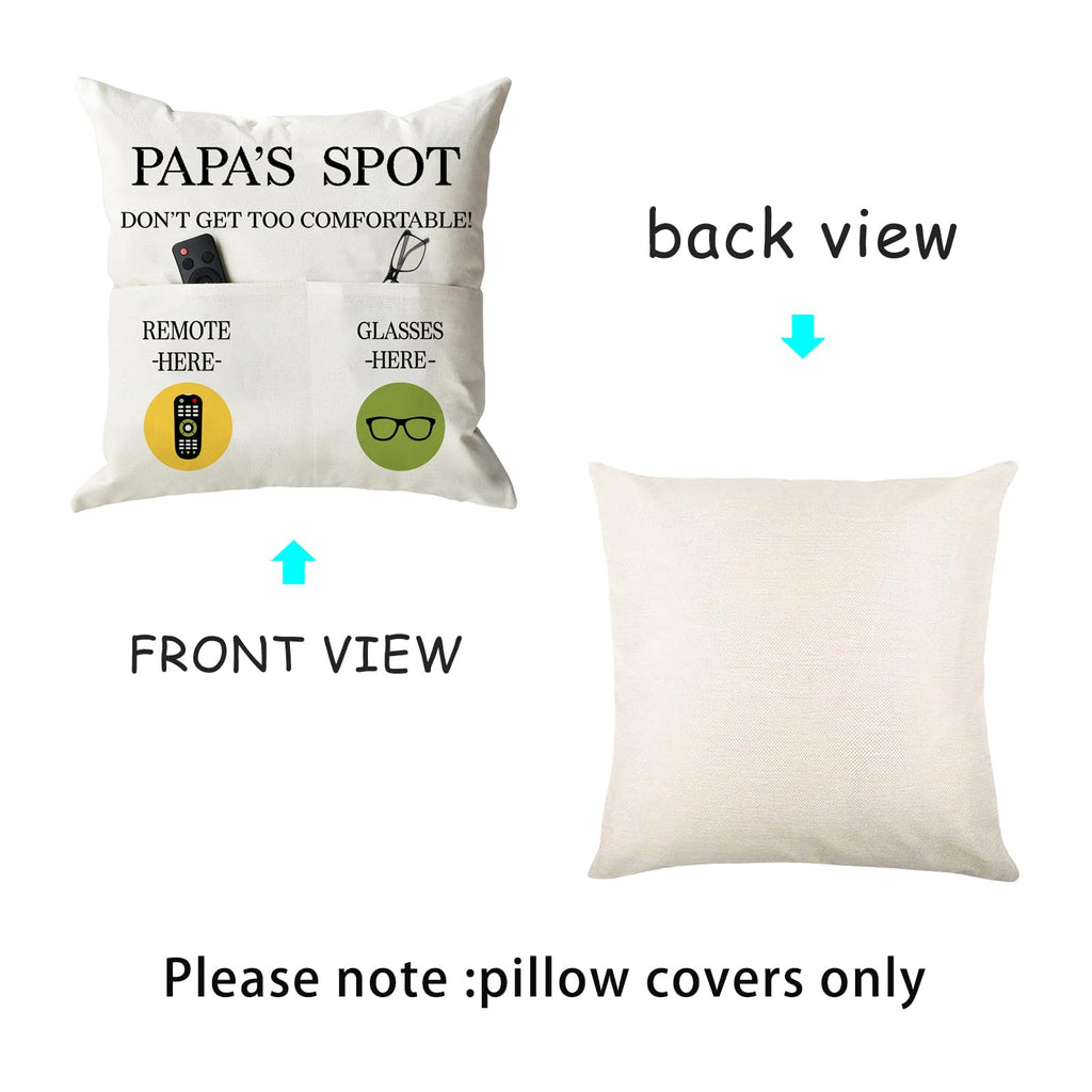 ONFAON Grandpa Gifts,Grandpa's Spot Throw Pillow Covers 18x18 Inch,Put Phone Glasses and Remote Control Pillowcase,Birthday Christmas Thanksgiving Day Gifts for Grandpa Stepdad,3-Pocket
