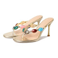 DREAMSTORY Women's Jeweled Thong Strappy Heels Sandals Comfortable Round toe High Heel Dressy Summer Sandals for Wedding Party Beach Flip Flops Slip On Casual Shoes Wear