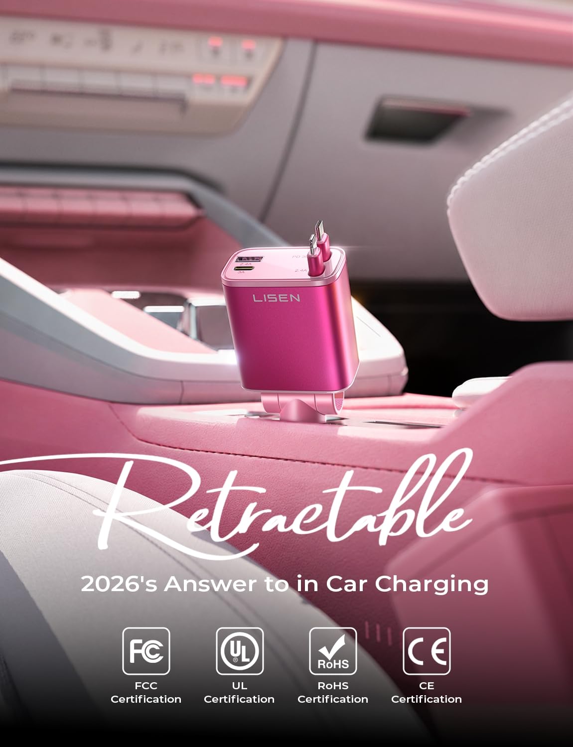 LISEN Retractable Car Charger, 84W Car Charger USB C Fast Charger Adapter for iPhone, Car Accessories for Men Women, Gifts for Fathers Day for Men Dad Husband, for iPhone 17 16 15 14 13 12 11 Samsung