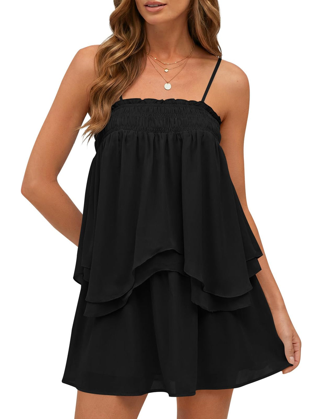 Wenrine Womens Summer Two Piece Skirt Sets Casual Smocked Cami Tops Mini Skirts Ruffle Tiered Flowy Vacation Set