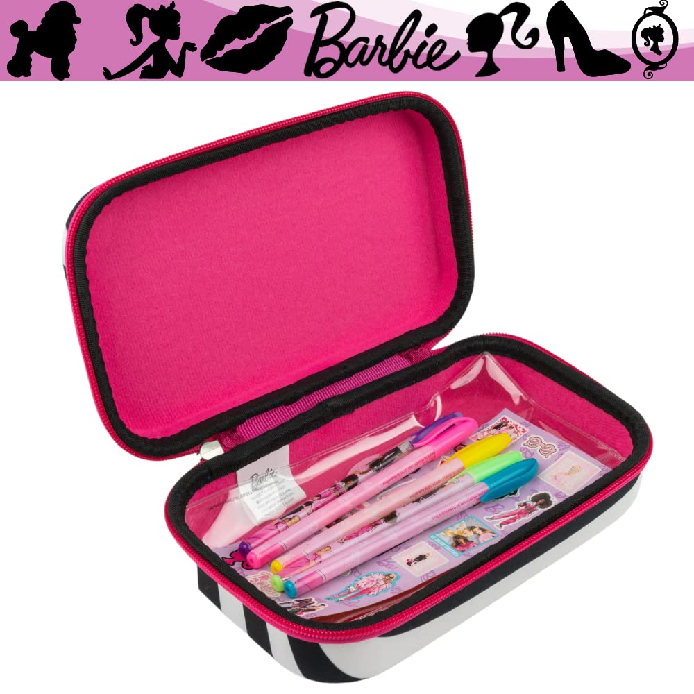 Innovative Designs Barbie Pencil Case Set with Stickers and Gel Pens for Kids, Molded with Zip Closure, Pink