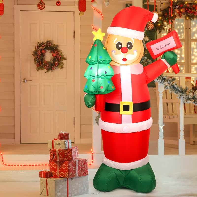 6Ft Christmas Inflatables Santa Gingerbread with LED Lights & Gift Box, Giant Christmas Inflatables Yard Decorations, Xmas Blow Up Santa Claus, Indoor/Outdoor Christmas Decor for Holiday Patio Garden