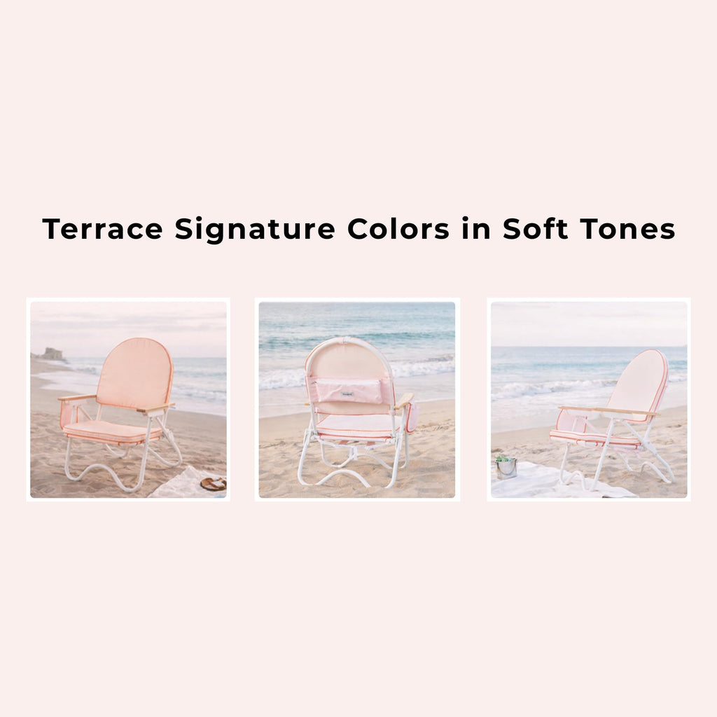 Padded Low Beach Chair, 4-Position Folding Outdoor Chair with Wooden Armrests, Cushioned Seat, Storage Pouch & Carry Strap for Beach, Patio and Lawn, Cala Serena Ochre Stripe