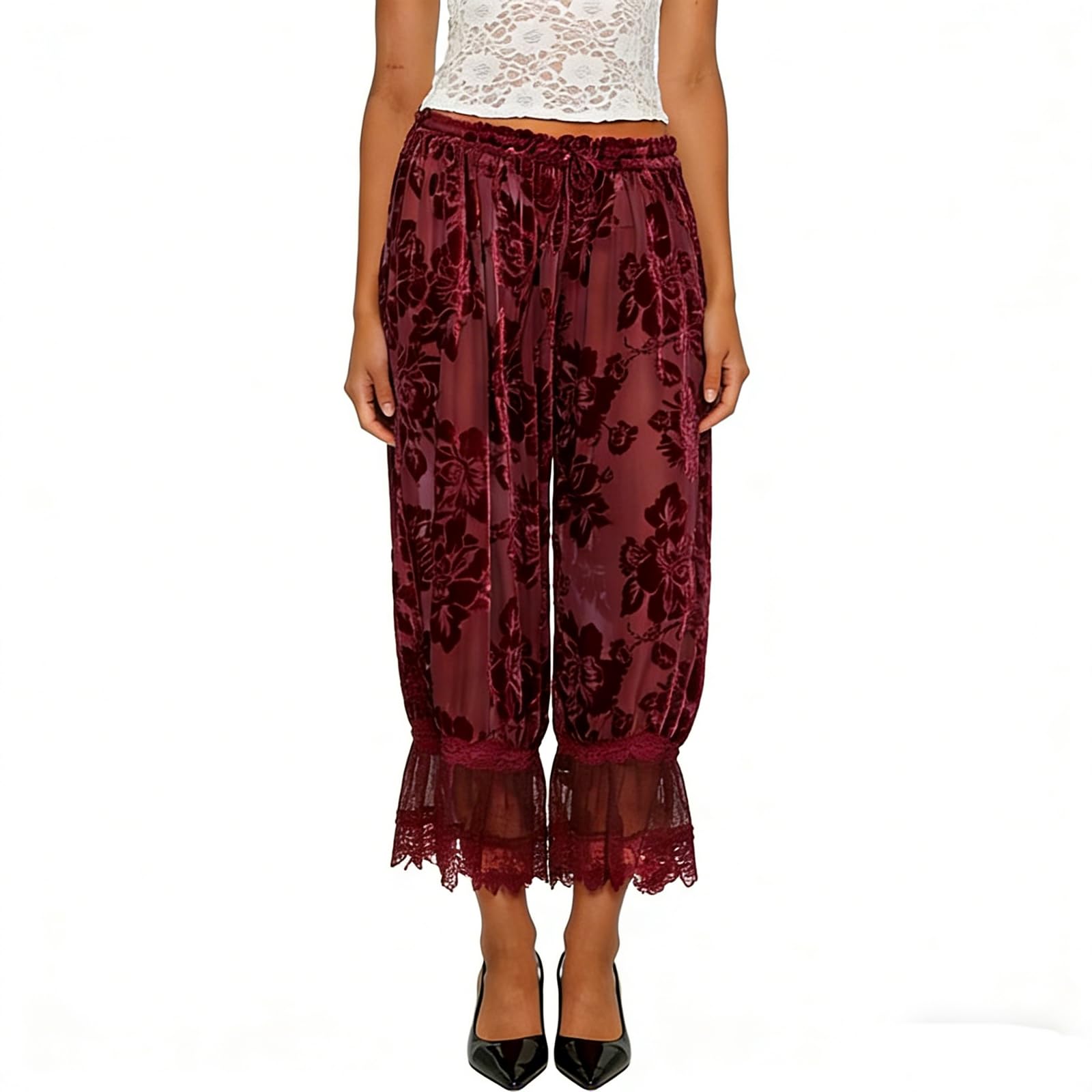 Women Lace Trim Long Bloomers Y2k Elastic Mid Rise Floral Ruffle Pantaloons Flared Slips Pants Pajama Bottoms