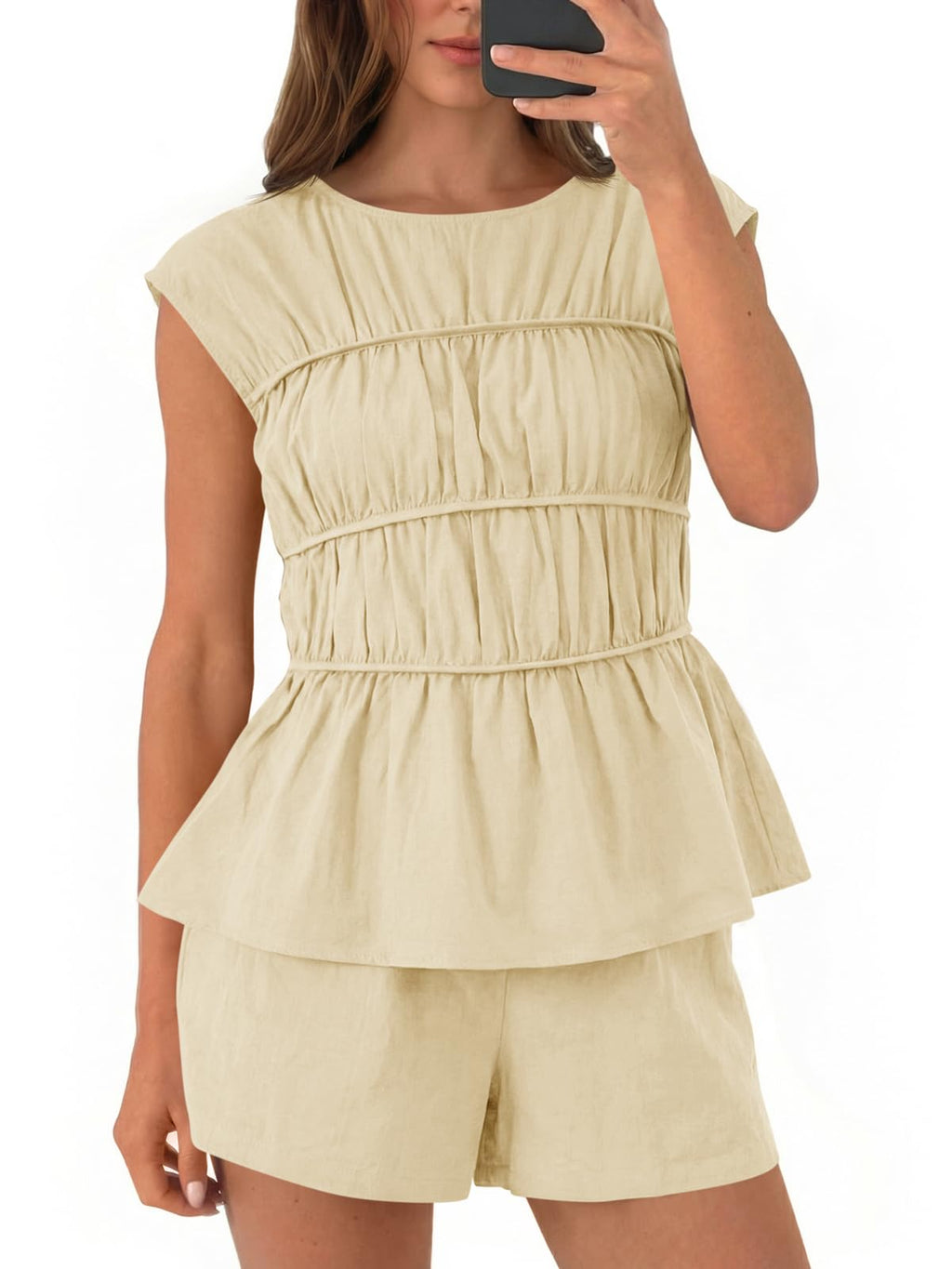 Tankaneo Womens Summer Smocked 2 Piece Short Sets Cap Sleeve Babydoll Peplum Blouse Casual Matching Set Vacation Outfits